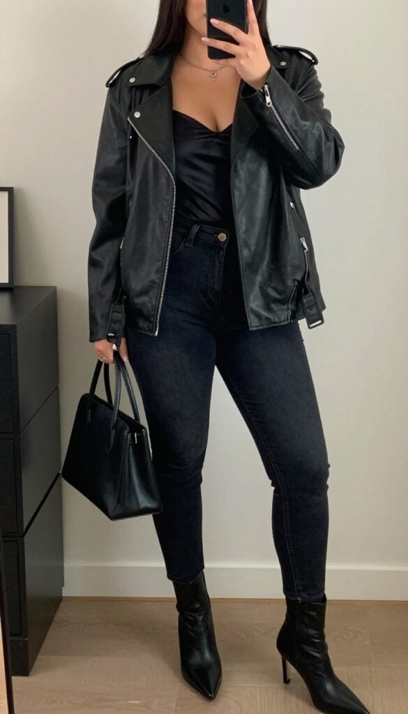 Plus-size woman in black leather jacket and skinny jeans taking a mirror selfie for a night-out outfit idea.