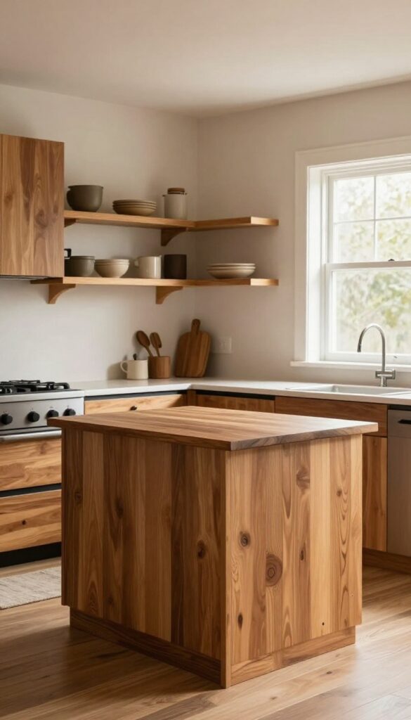 Cozy Sims kitchen with warm wood accents, oak cabinets, walnut island, honey shelves, natural light, matte black hardware, linen runner.