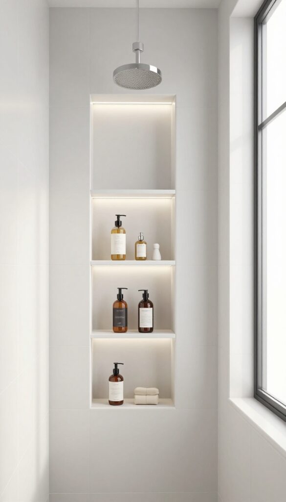 A modern wet shower room with built-in storage niches in the wall, showcasing organized toiletries under natural light for a clean and clutter-free look.