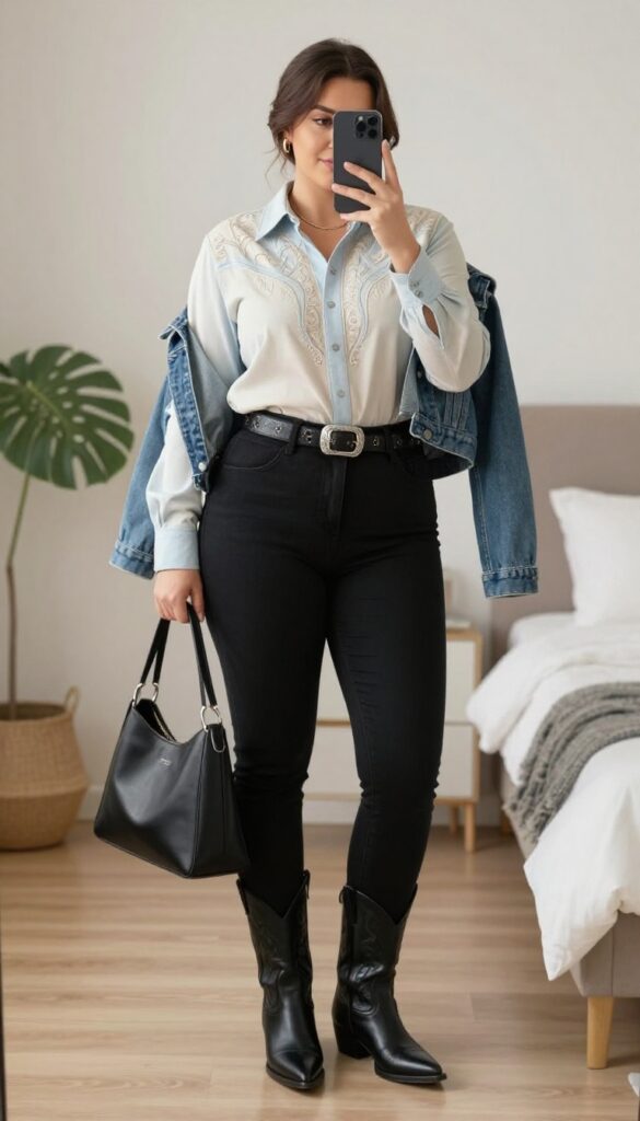 Plus-size woman in black skinny jeans and a Western shirt with embroidery, taking a mirror selfie with a phone, wearing cowboy boots and a statement belt, in a bright room.