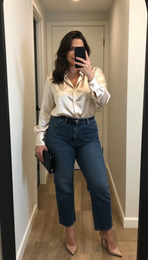 Plus-size woman in high-waisted dark jeans and a satin blouse posing in a mirror selfie for a date night outfit idea.