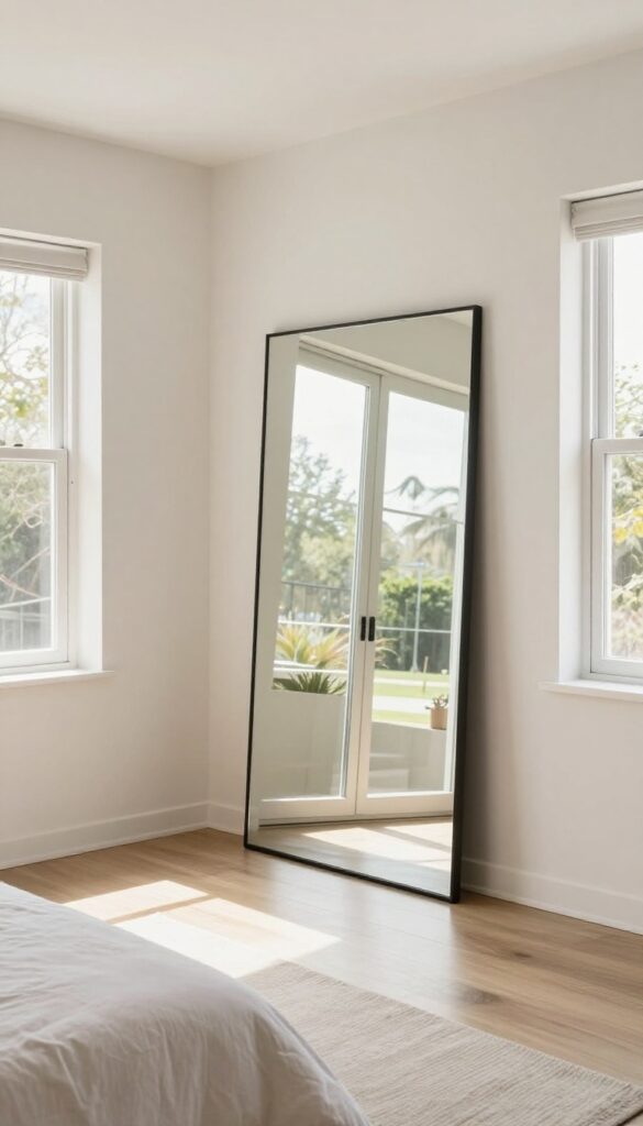 A small spare bedroom with a strategically placed large mirror reflecting light and extending the visual space, showcasing how mirrors can make a room feel bigger.