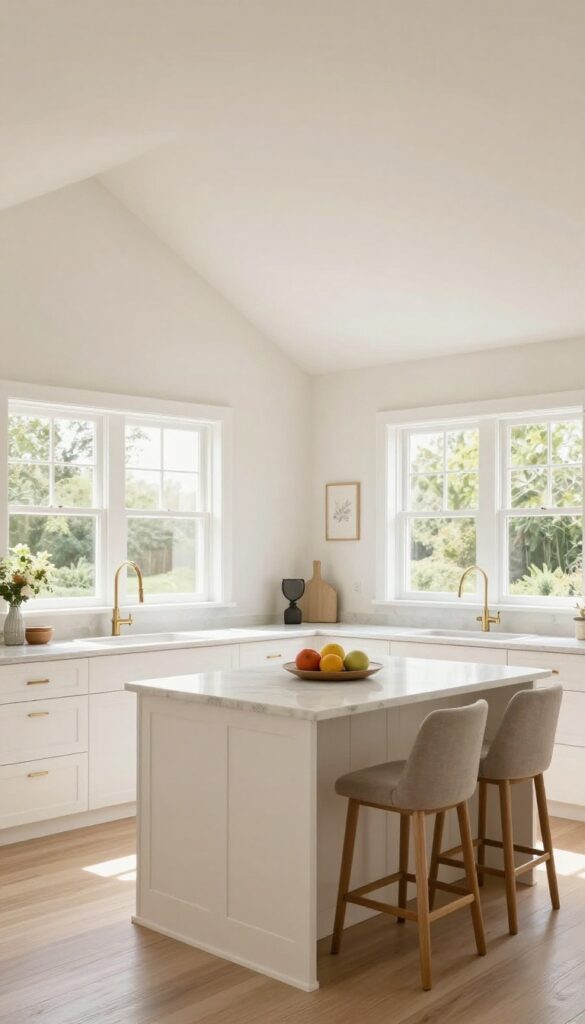 Bright kitchen with vaulted ceiling painted warm white to match walls, creating a seamless, cohesive look.