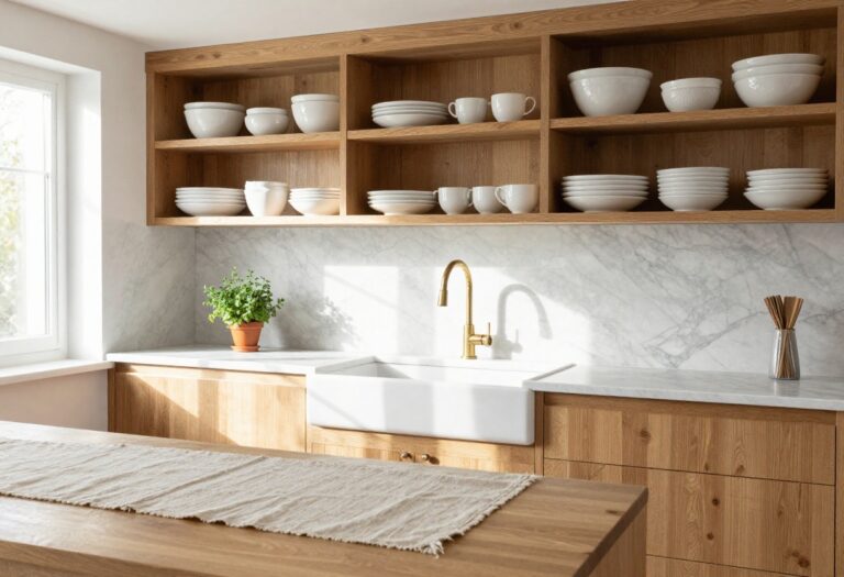 Elegant kitchen with open shelving, marble backsplash, and farmhouse sink in warm natural light