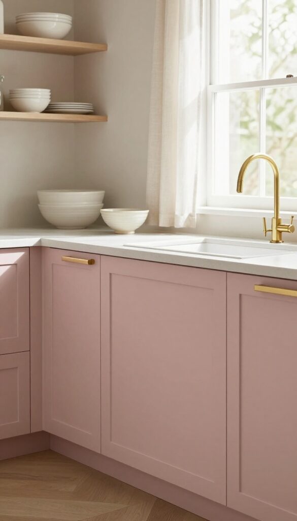 Dusty rose kitchen island with taupe cabinets, brushed brass hardware, linen curtains, and a ceramic fruit bowl in natural light.