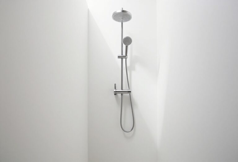 Stylish small standing shower in a corner with textured tiles, wood shelves, and plants, showcasing practical decor ideas for tight spaces.