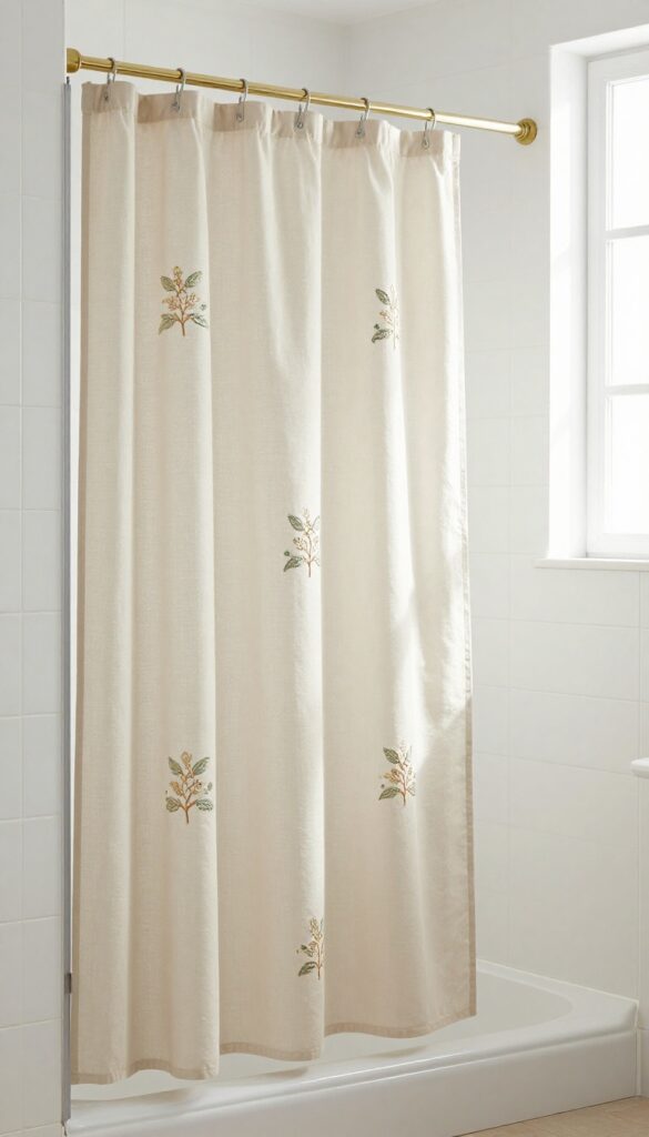 Neutral shower curtain with embroidered details behind a glass shower door in a bright bathroom