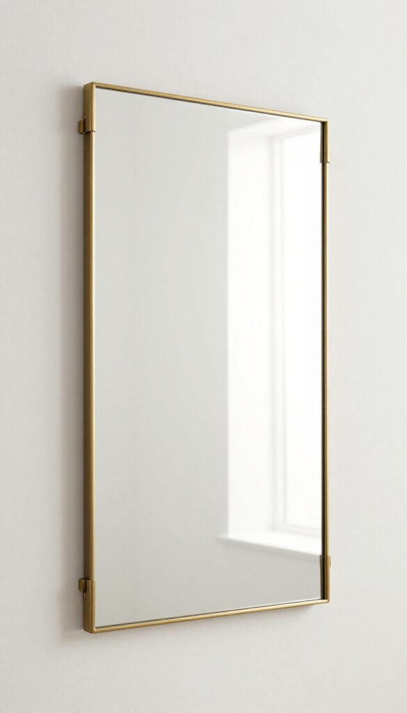 Close-up of oversized brushed brass mirror clips on a bathroom mirror, enhancing its appearance with a modern, finished look in natural light.