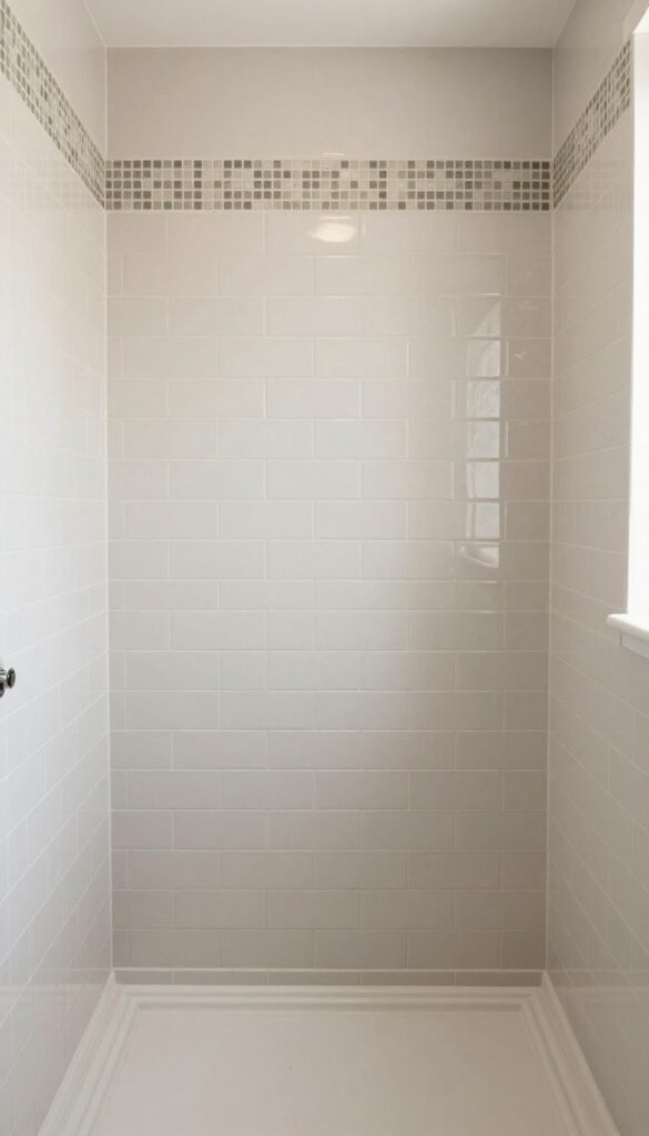 A shower with subway tiles and a mosaic border for a classic, textured design in bright natural light.