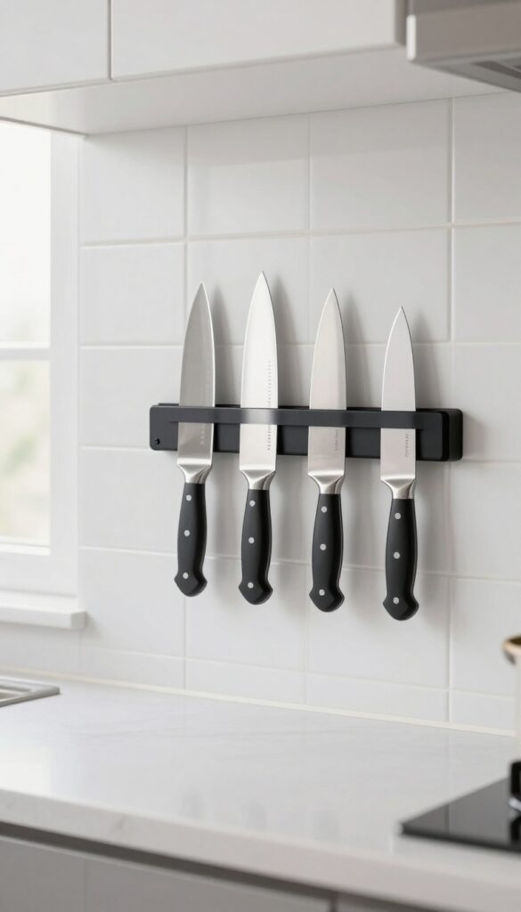 Minimalist magnetic knife strip on white tile backsplash in a modern kitchen