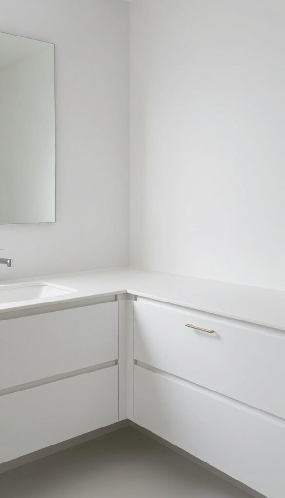 A bright, modern all-white bathroom with a floating white vanity that has hidden storage and minimal hardware, illustrating a clutter-free design for home decor inspiration.