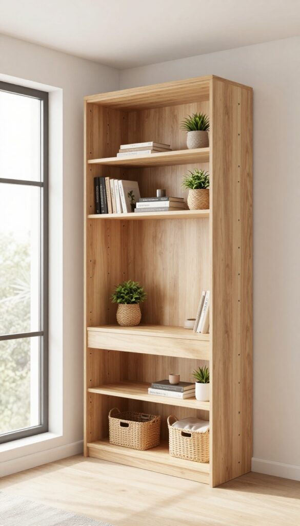 Open shelving used as a room divider in a bright, naturally lit bedroom, displaying organized items like books and plants for a stylish and functional design.
