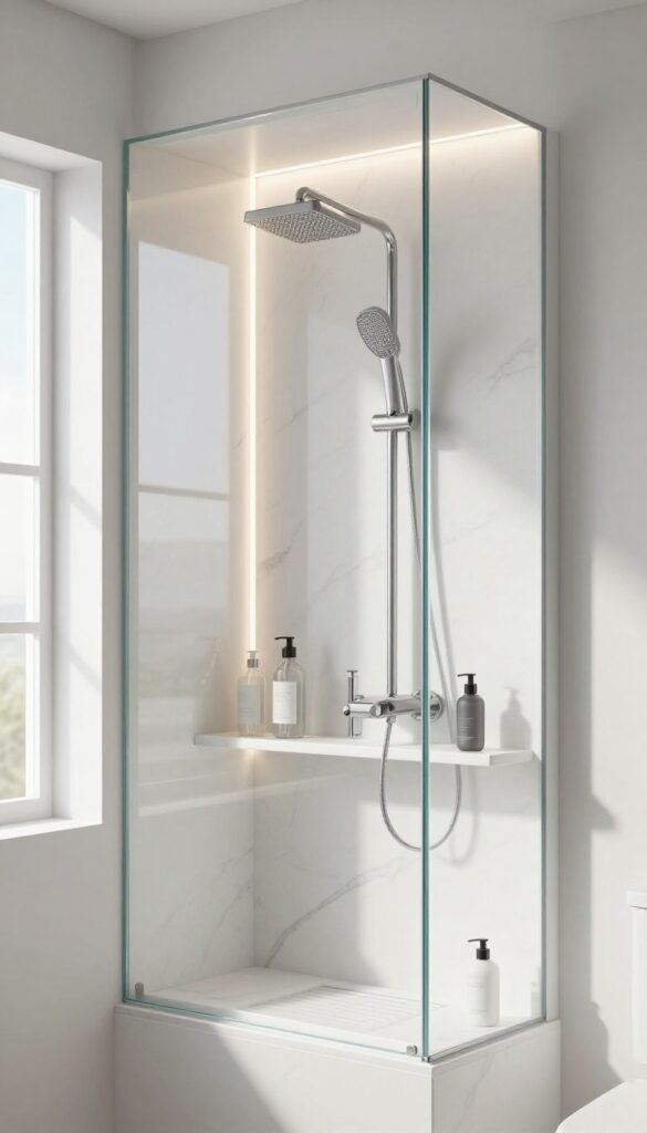 A modern bathroom shower niche with a glass-backed panel reflecting light and displaying clear bottles on marble shelves in bright natural light.