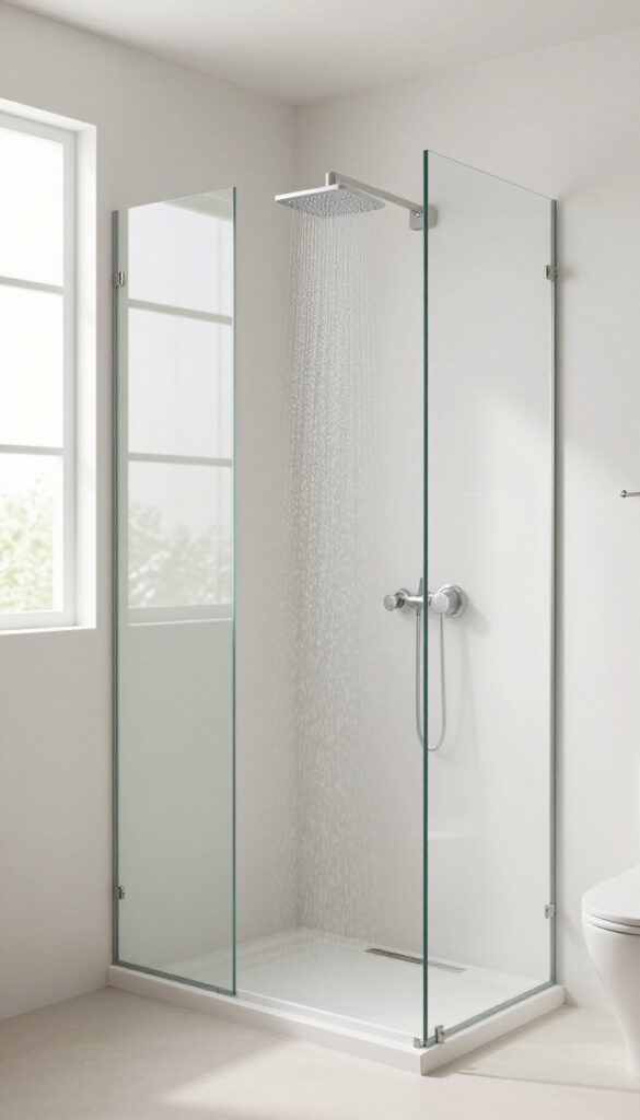 A small bathroom with a half-wall and glass top shower enclosure, showcasing partial privacy in a bright, modern design with natural light.