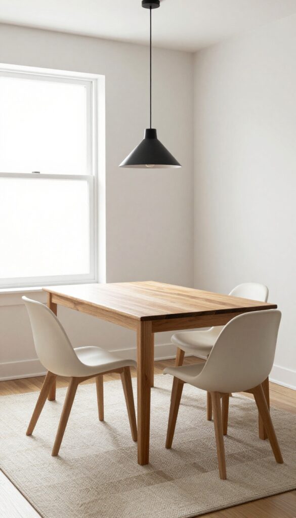 Mid-century modern kitchen nook with slim walnut table, molded plywood chairs, wool rug, and linear pendant light in a bright corner.