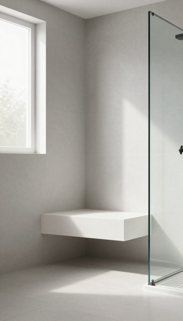 Minimalist floating slab bench in a walk-in shower with clean lines and natural light
