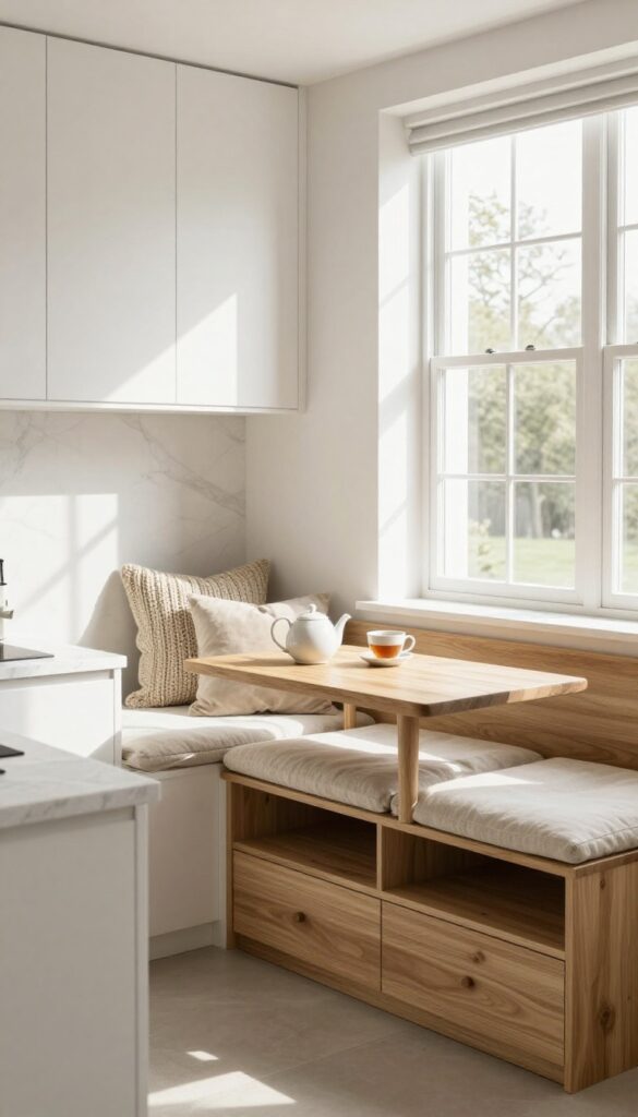 Cozy kitchen window seat nook with storage drawers, bench seating, and natural light