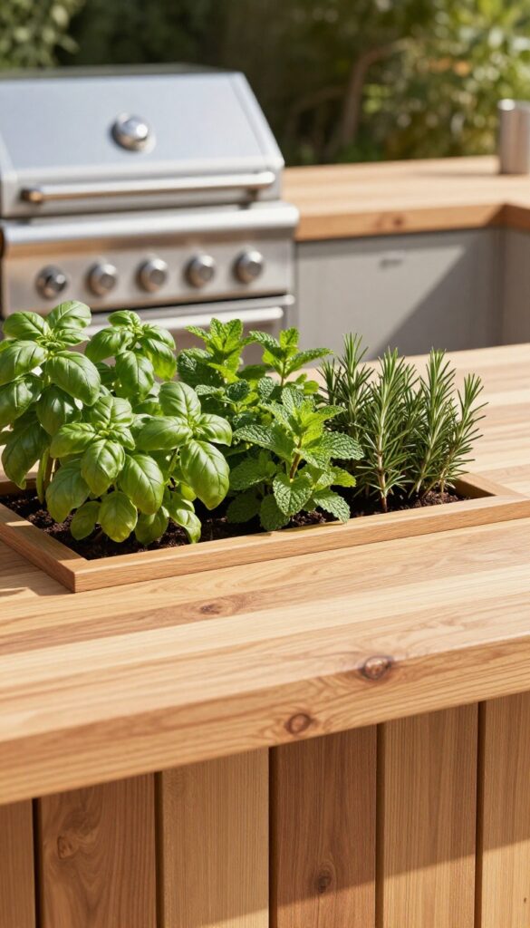 Modern outdoor kitchen counter with integrated herb garden planter filled with fresh basil, mint, and rosemary.