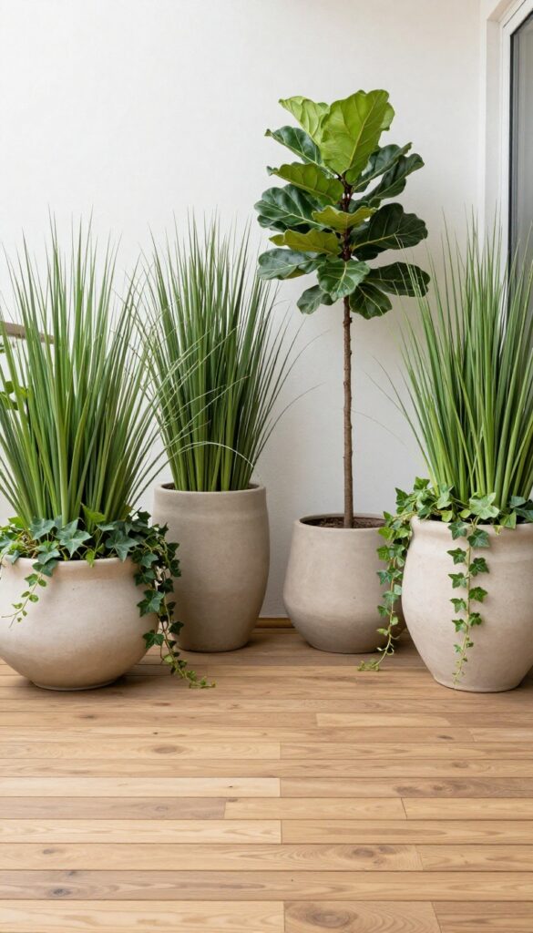 Large planters on a deck with lush greenery, creating a balanced outdoor space