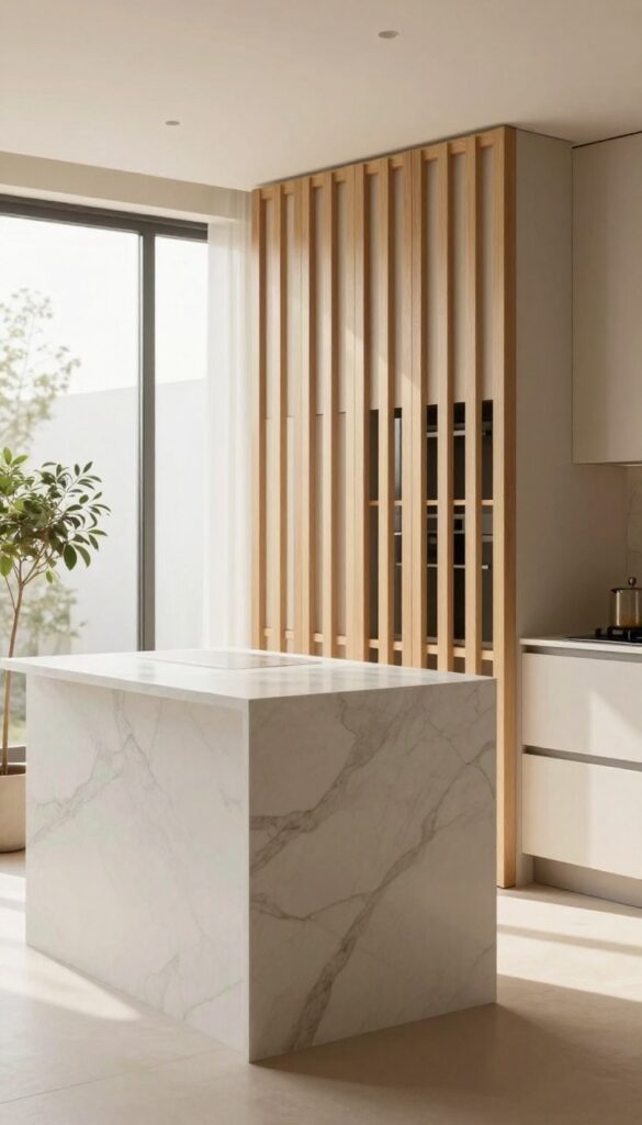 Modern kitchen with a slatted wood room divider hiding a gas cylinder, bright natural light, clean composition