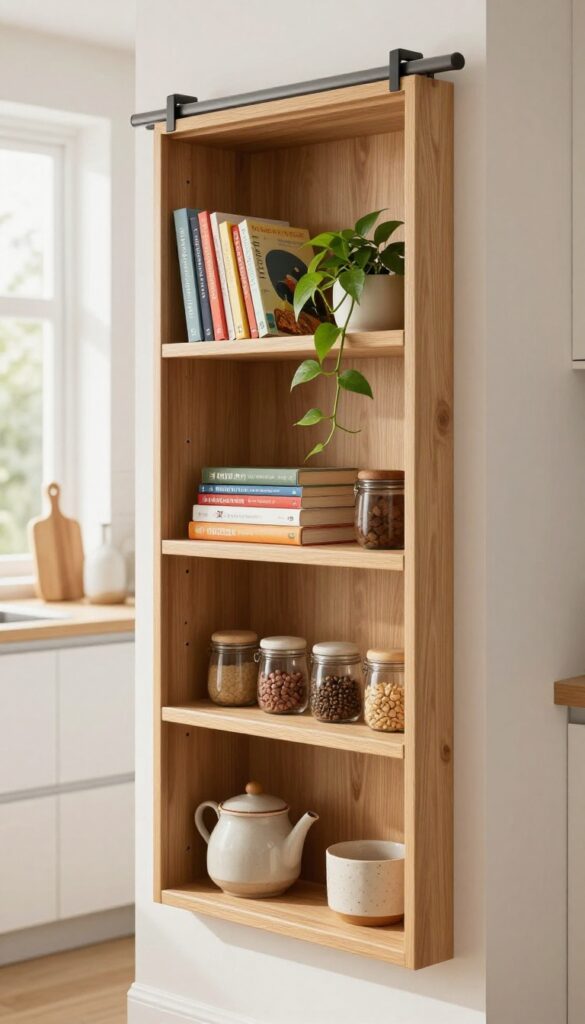 Open shelving sliding door in kitchen with cookbooks, spice jars, and pothos plant