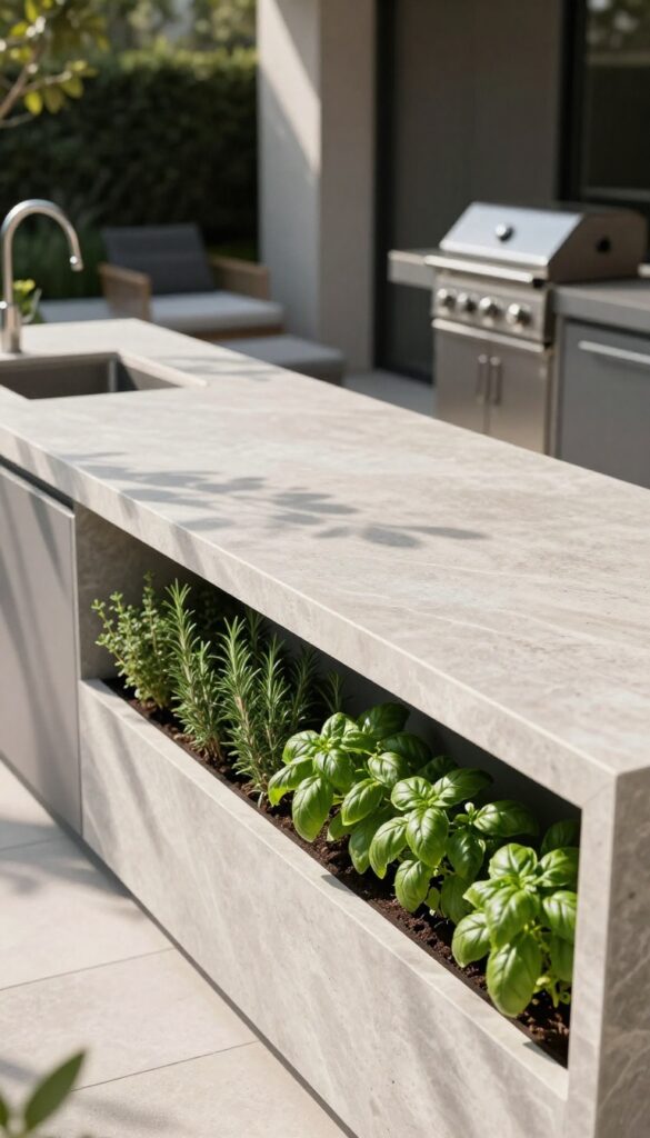 Modern outdoor kitchen with integrated herb garden planters filled with fresh herbs