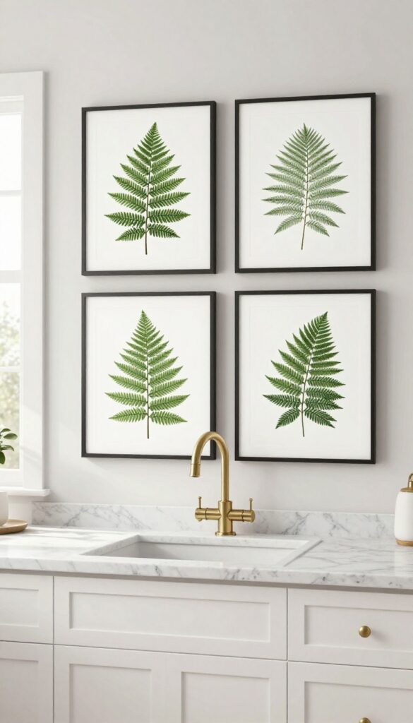 Three matching botanical prints in black frames hanging above a kitchen sink in a bright modern kitchen.