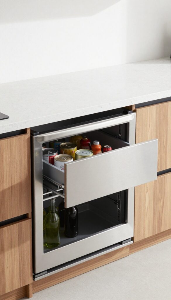 Modern outdoor kitchen island with a built-in pull-out refrigerator drawer under a quartz countertop.