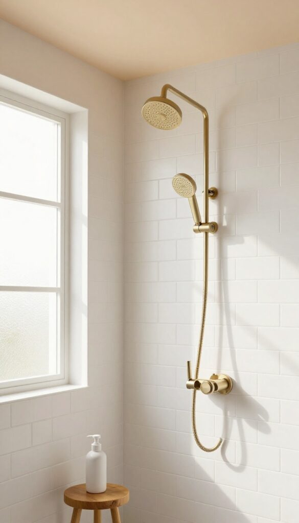 Small shower room with white tiles and warm beige ceiling, natural light, brushed gold fixtures, wooden stool