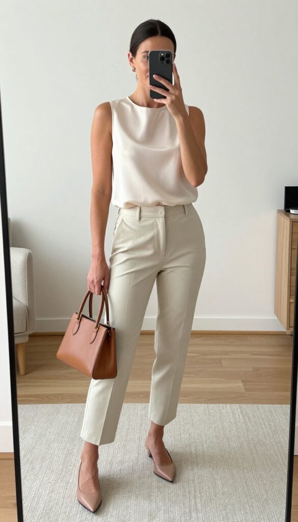 Woman in cream sleeveless blouse and beige cropped pants taking a mirror selfie for a comfy business casual outfit idea.
