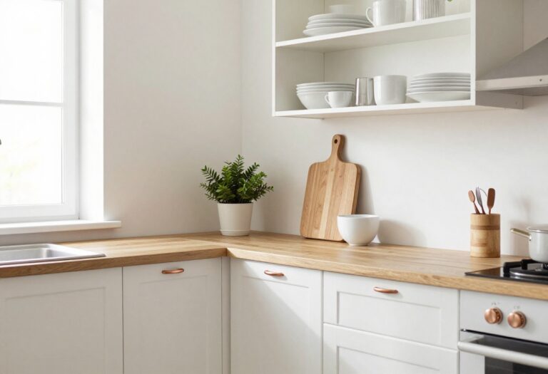Cozy small kitchen with open shelving and natural light
