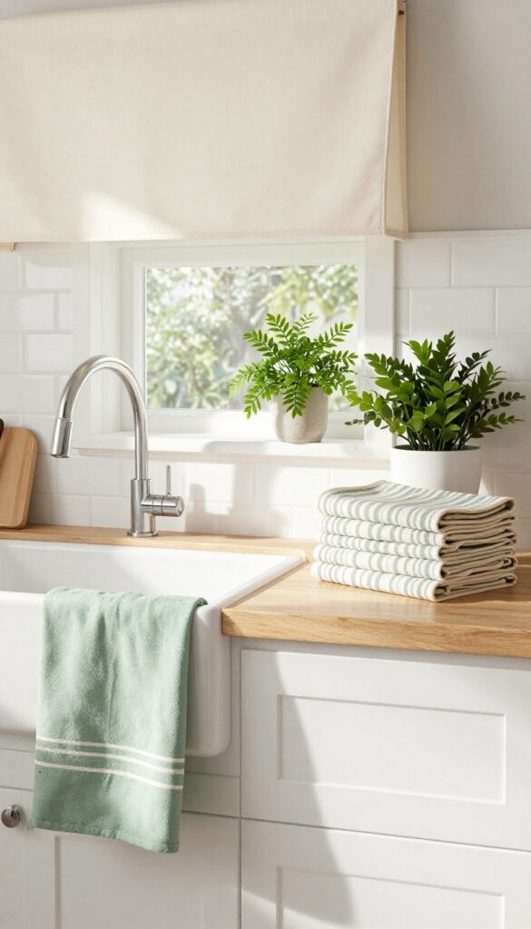 Cozy kitchen with sage green runner, cream valance curtains, and striped dish towels adding soft texture.