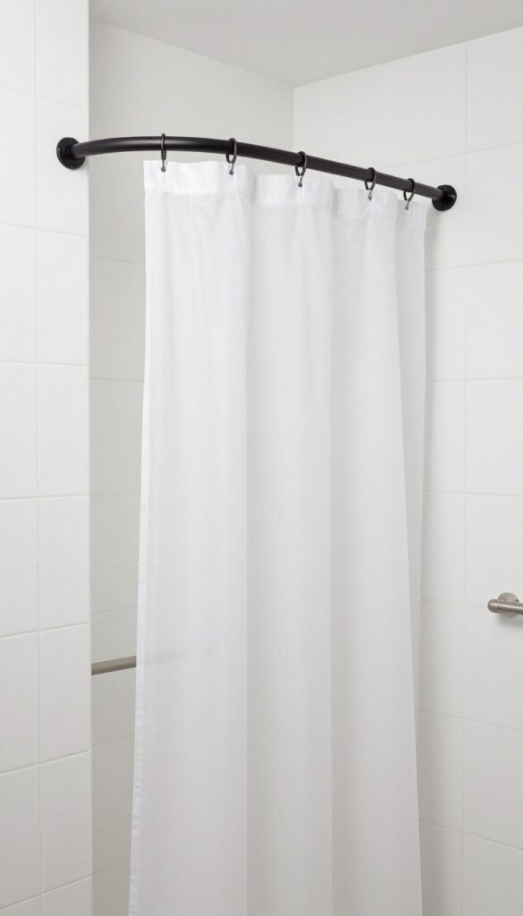 DIY curved shower curtain rod made from a straight rod and brackets in a bright bathroom