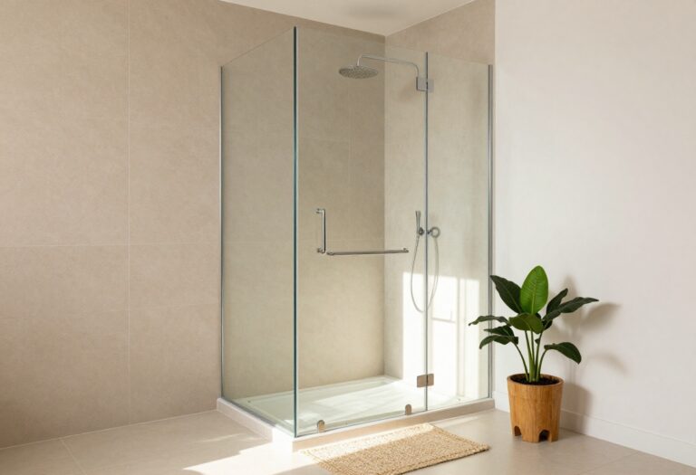Bright bathroom with frameless glass shower partition and warm wood accents