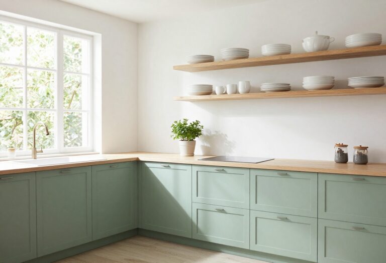 Cozy kitchen with sage green cabinets and open shelving