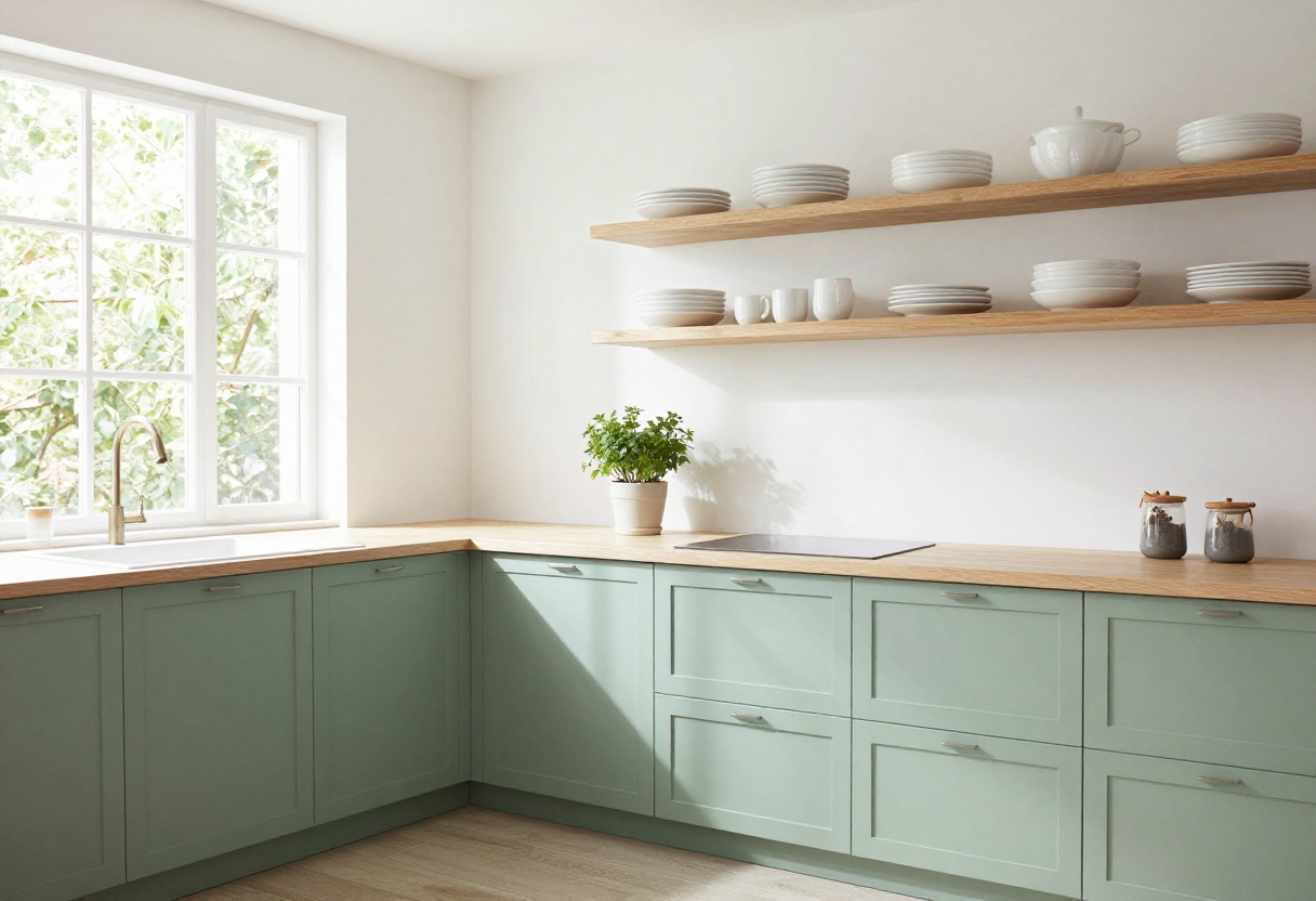 Cozy kitchen with sage green cabinets and open shelving