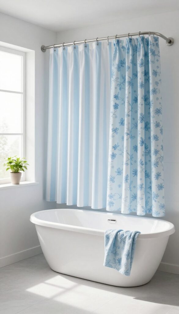 Double shower curtains with blue striped outer curtain and floral inner curtain in a bright bathroom
