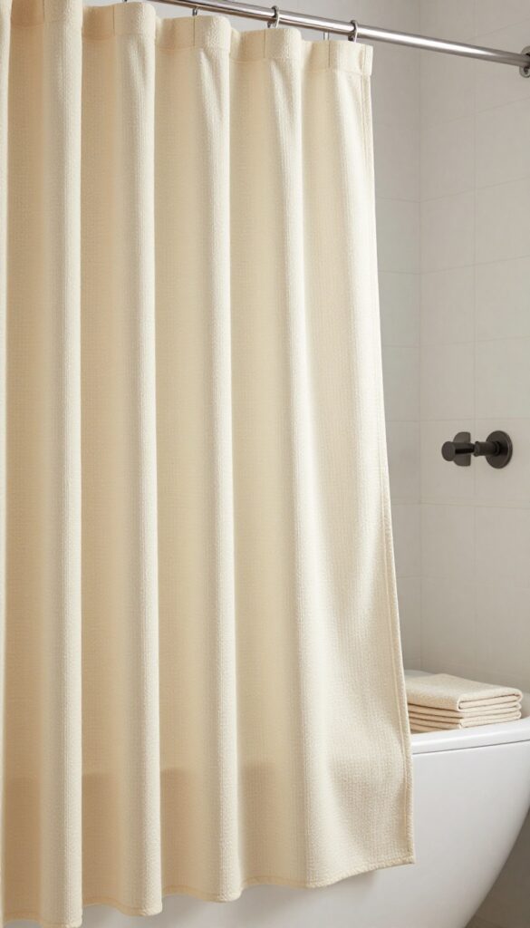 A textured waffle-weave shower curtain in a small bathroom with neutral decor and natural lighting, showcasing tactile interest without bulk.