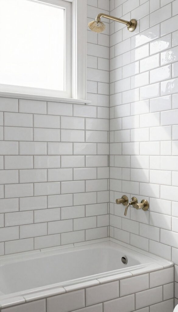 Glossy white subway tile shower with dark grout for contrast