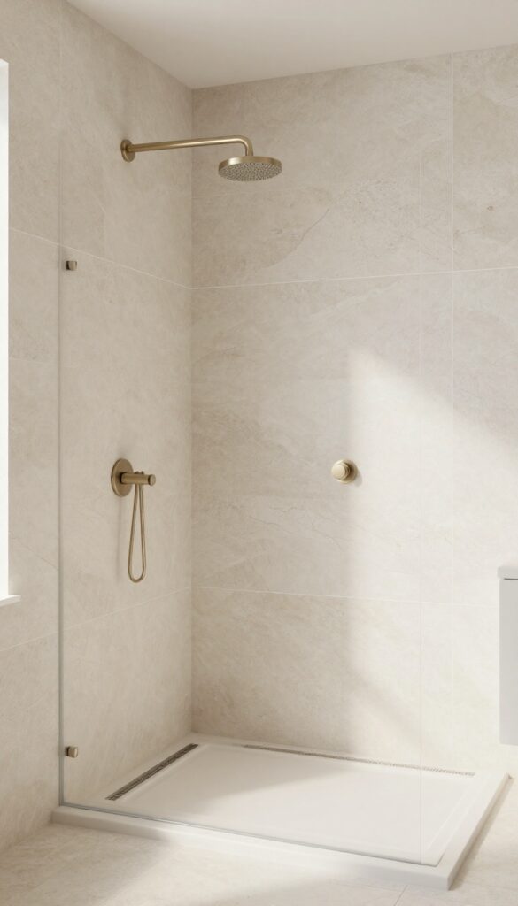 A walk-in shower with stone tiles and brushed nickel fixtures in a master bathroom.