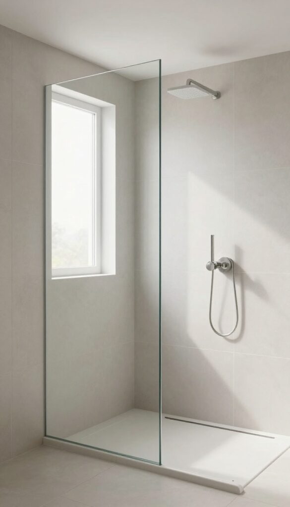 A photorealistic image of a bathroom knee wall shower with mirrored accents reflecting natural light, creating an airy and open space in soft neutral tones.