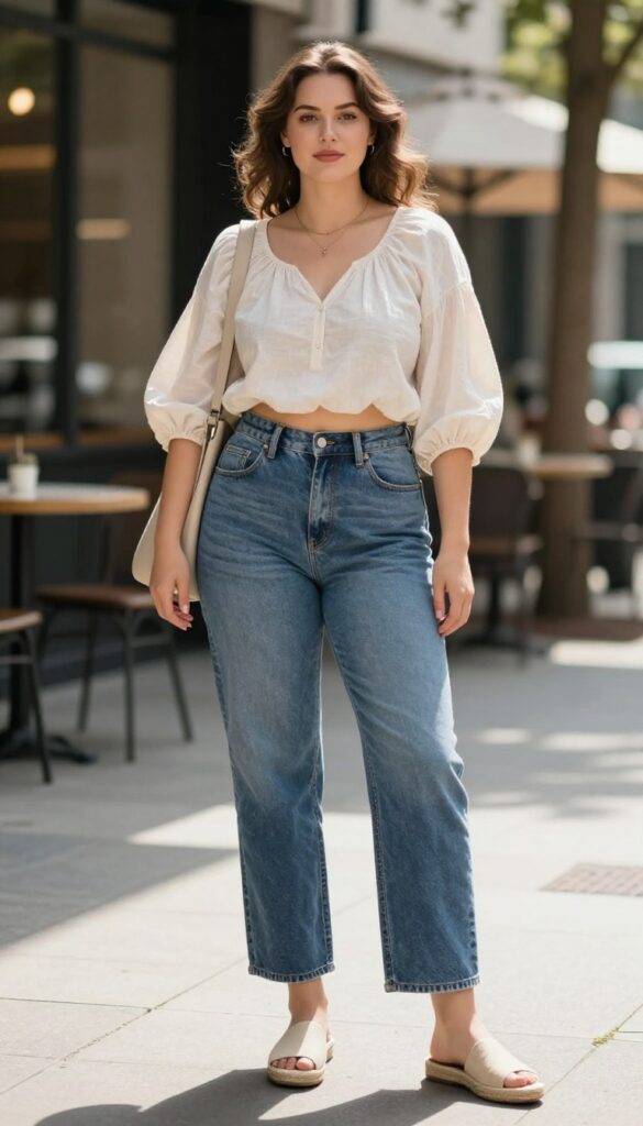 A woman wearing a cropped blouse and baggy jeans for a summer outfit, styled with espadrilles and accessories, in a casual outdoor setting.