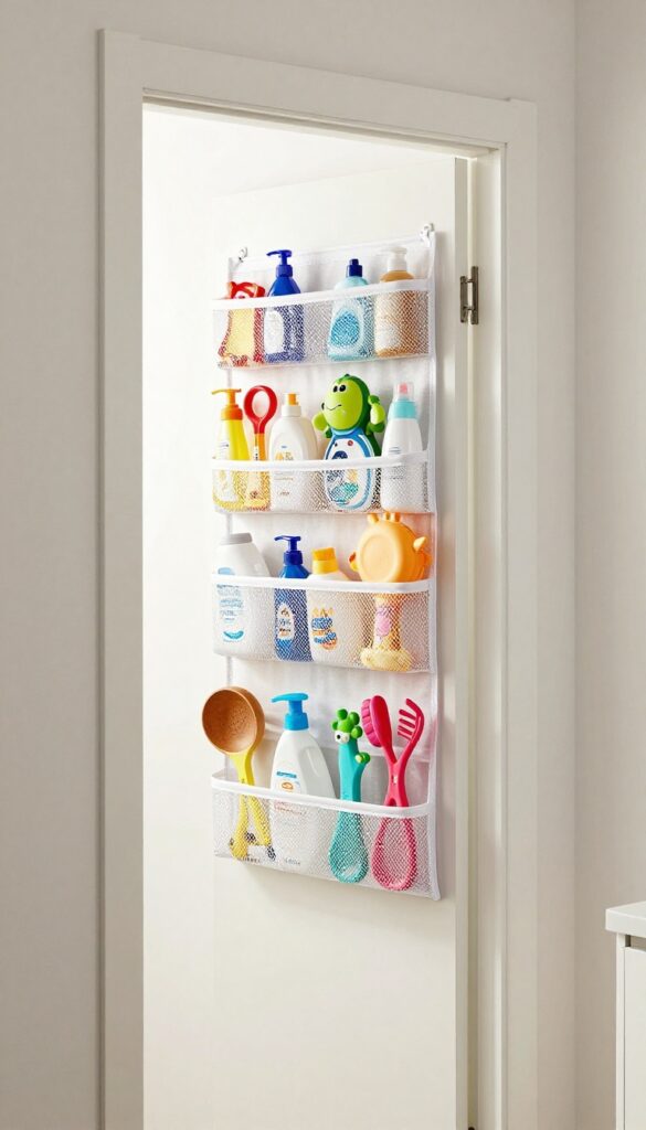 Over-the-door organizer hanging on a bathroom door, filled with bath toys and toiletries