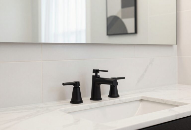 Modern bathroom featuring matte black fixtures on white marble surfaces with natural lighting, illustrating bold black decor ideas for a stylish and elegant space.