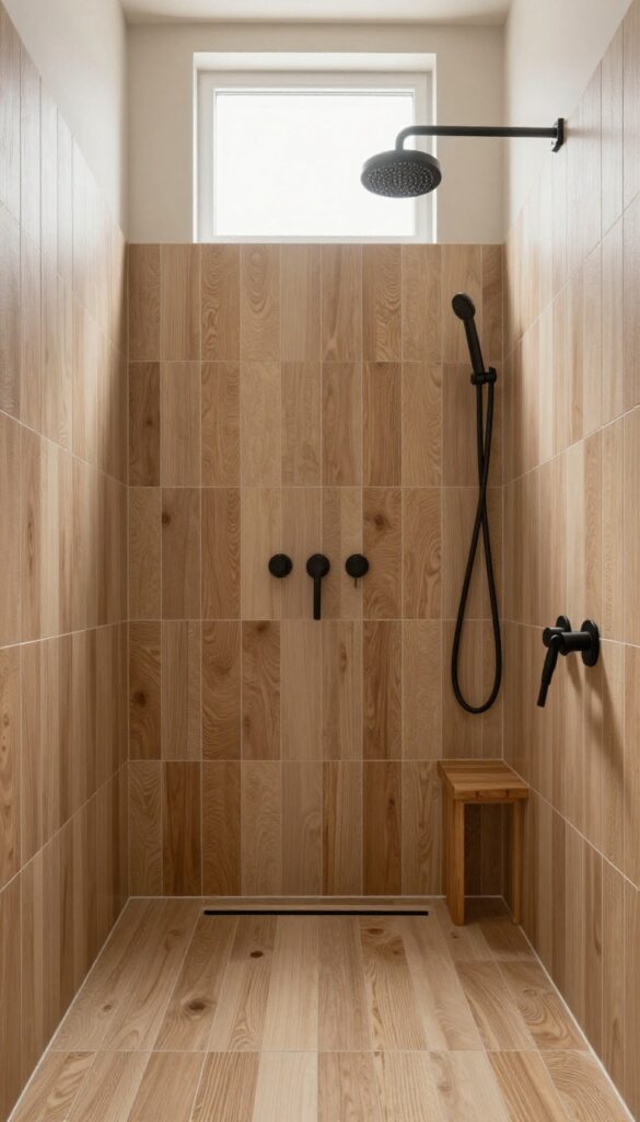 Vertical wood-look porcelain plank tiles in a shower with matte black fixtures and teak bench