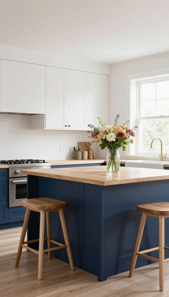 Kitchen breakfast bar with navy blue painted base, white cabinets, and natural light