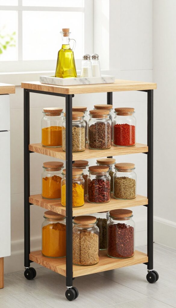 A compact spice station on wheels in a bright kitchen