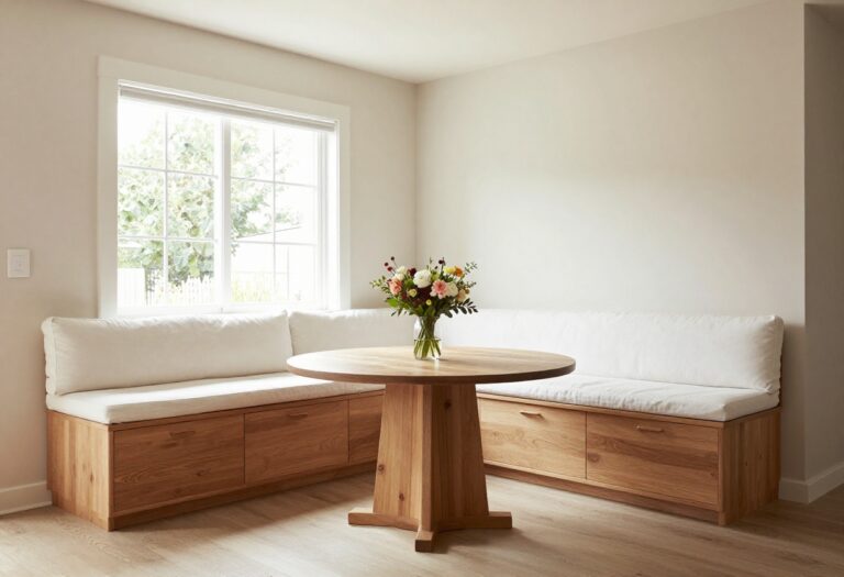 Cozy kitchen banquette with storage drawers and a round wooden table by a window