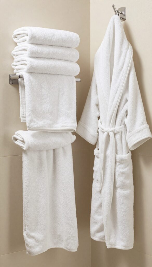 A cozy bathroom with plush towels and a soft robe hanging near a steam shower for a spa-like feel.