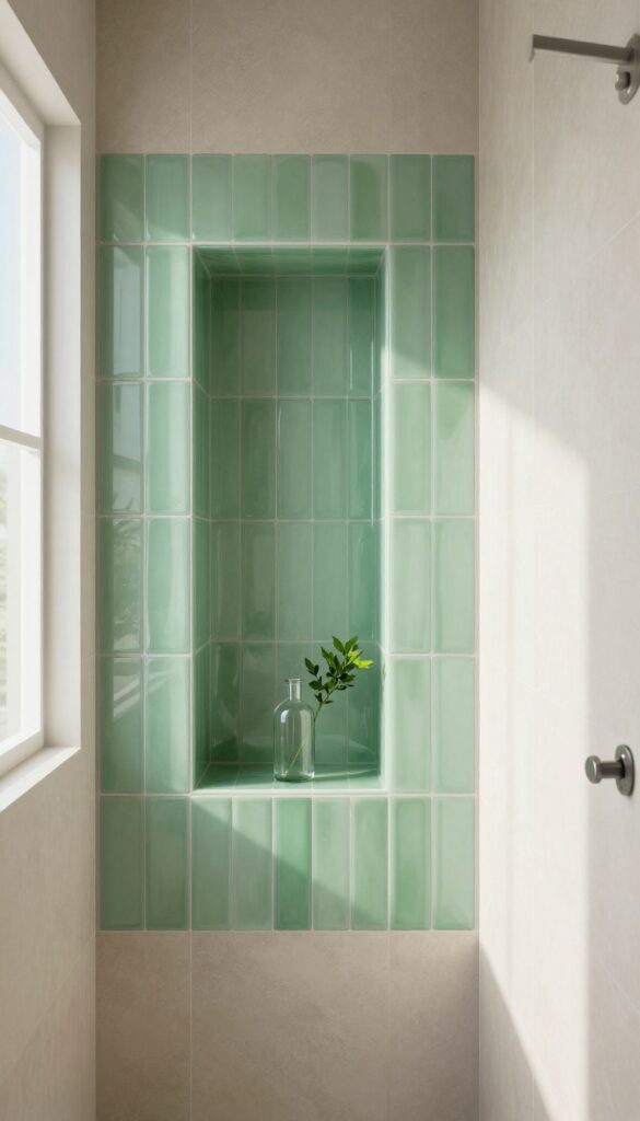 Glass tile niche backsplash in shower with seafoam green tiles, matte neutral walls, and minimal accessories